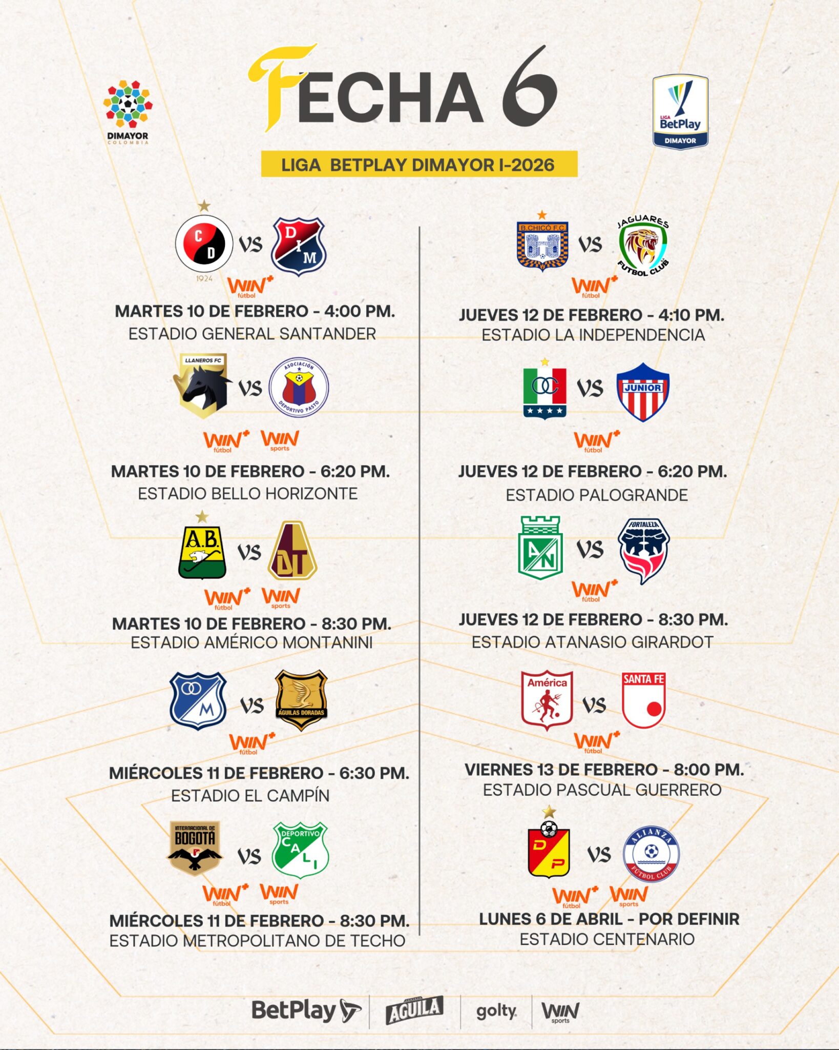 Así se jugará la fecha 6 de la Liga BetPlay DIMAYOR l-2026 - Dimayor