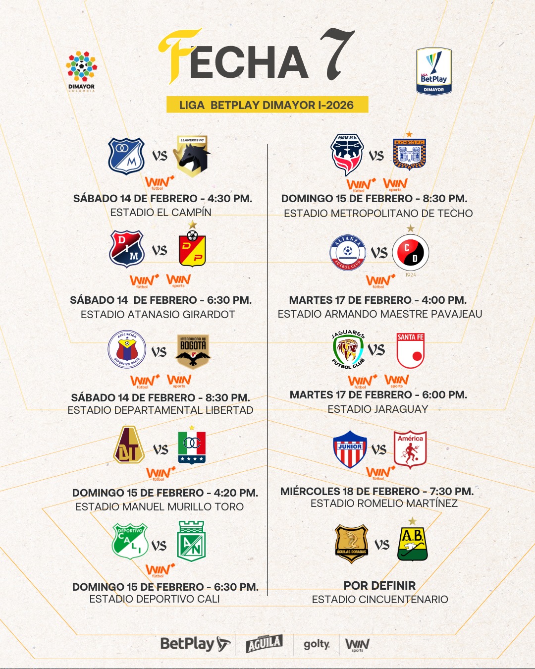 Así se jugará la fecha 7 de la Liga BetPlay DIMAYOR l-2026 - Dimayor