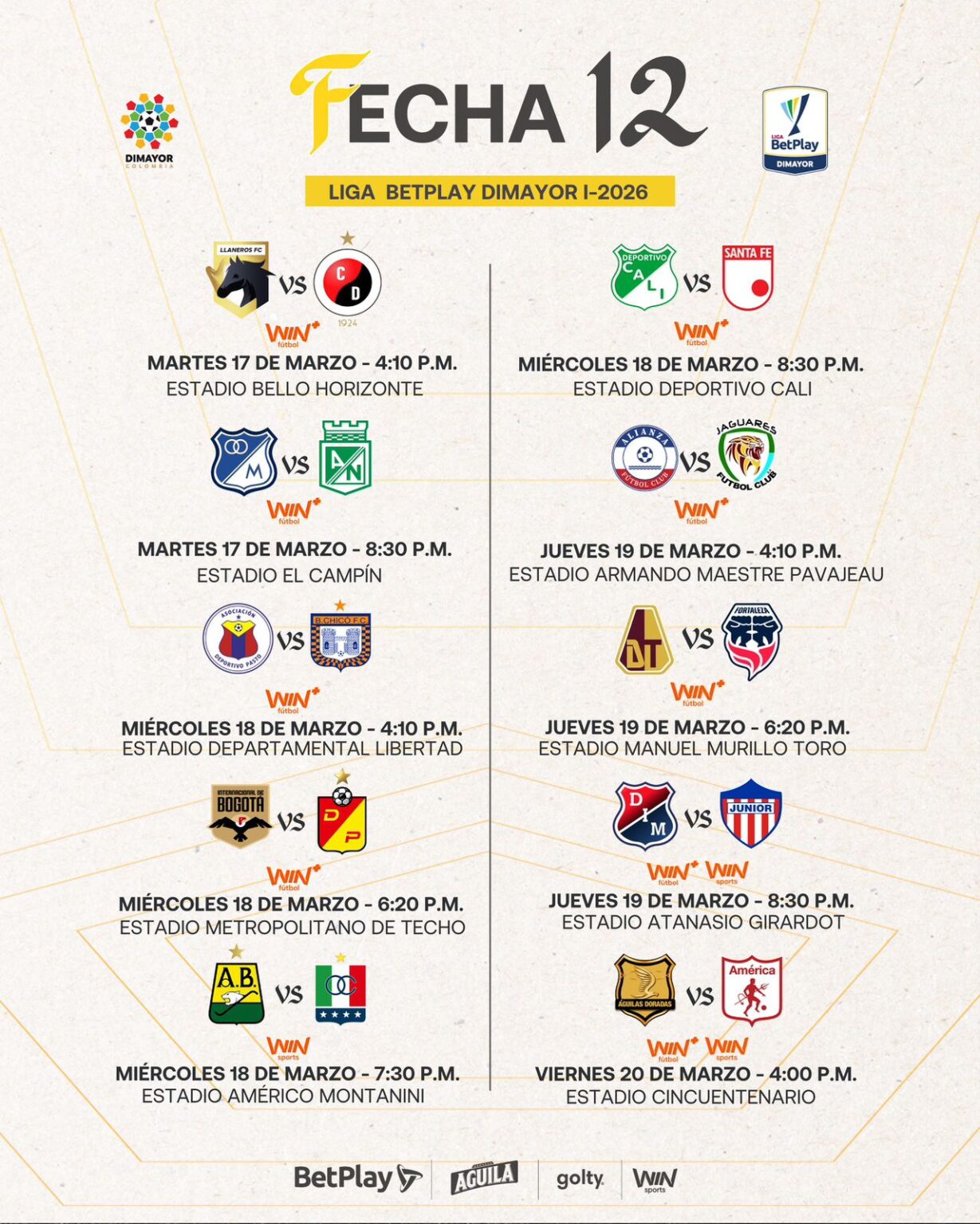 Así se jugará la fecha 12 de la Liga BetPlay DIMAYOR l-2026 - Dimayor