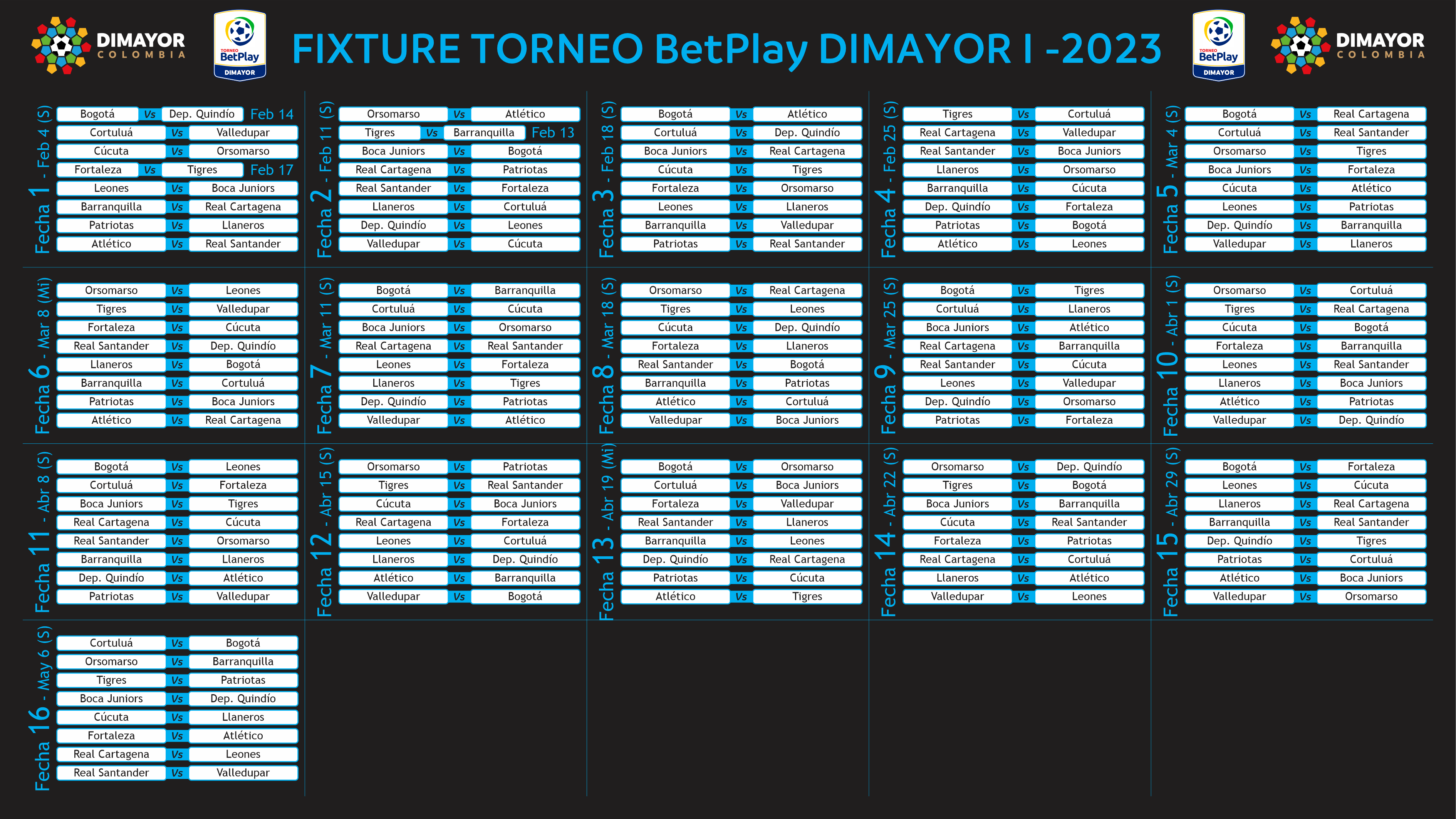 FIXTURE DEL TORNEO BETPLAY DIMAYOR I2023 Dimayor