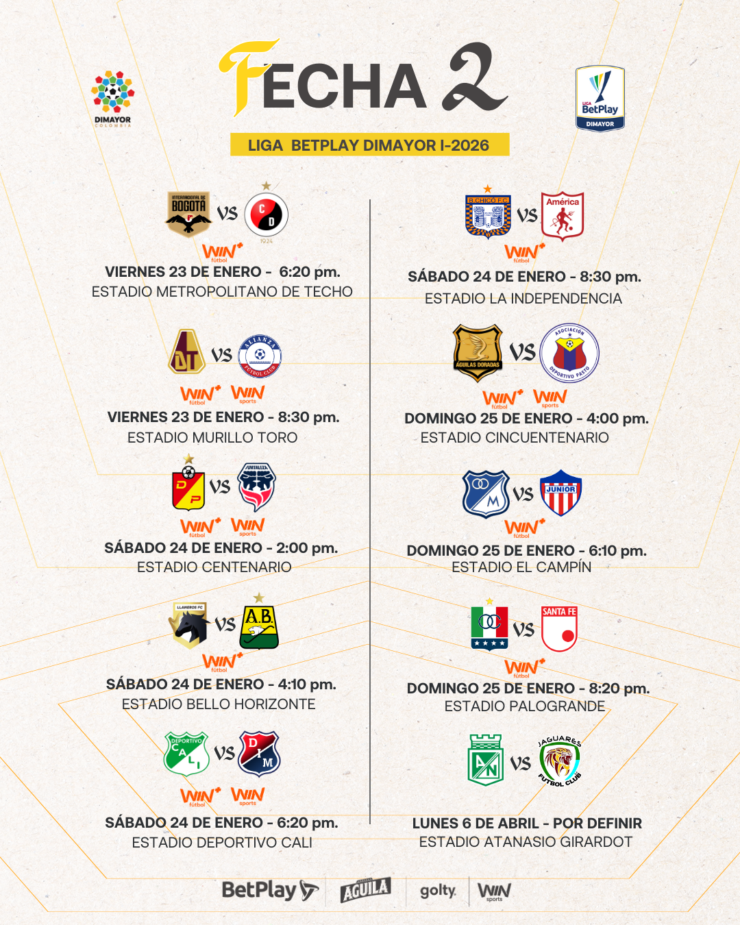 Así se jugará la fecha 2 de la Liga BetPlay DIMAYOR l-2026 - Dimayor
