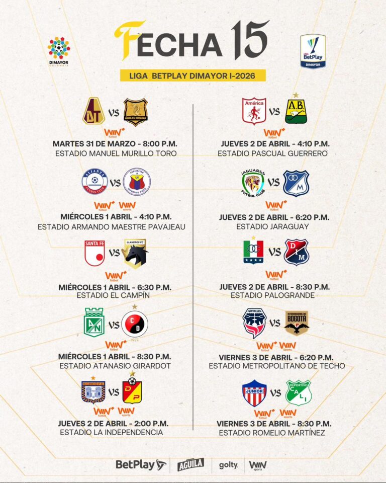 Así se jugará la fecha 15 de la Liga BetPlay DIMAYOR l-2026 - Dimayor