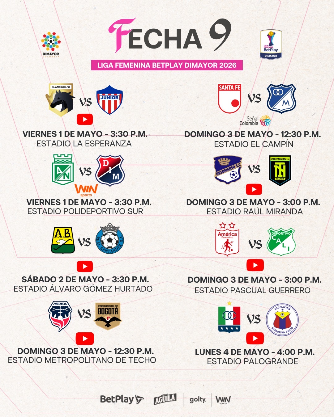 Así se jugará la Fecha 9 de la Liga Femenina BetPlay DIMAYOR 2026 - Dimayor